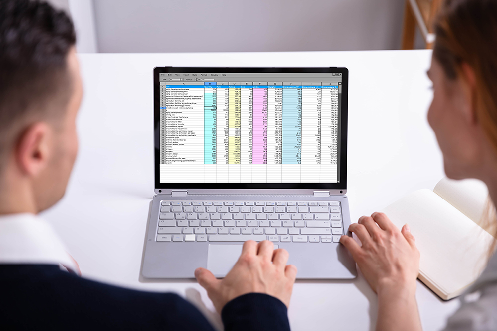 Two businesspeople review a digital spreadsheet