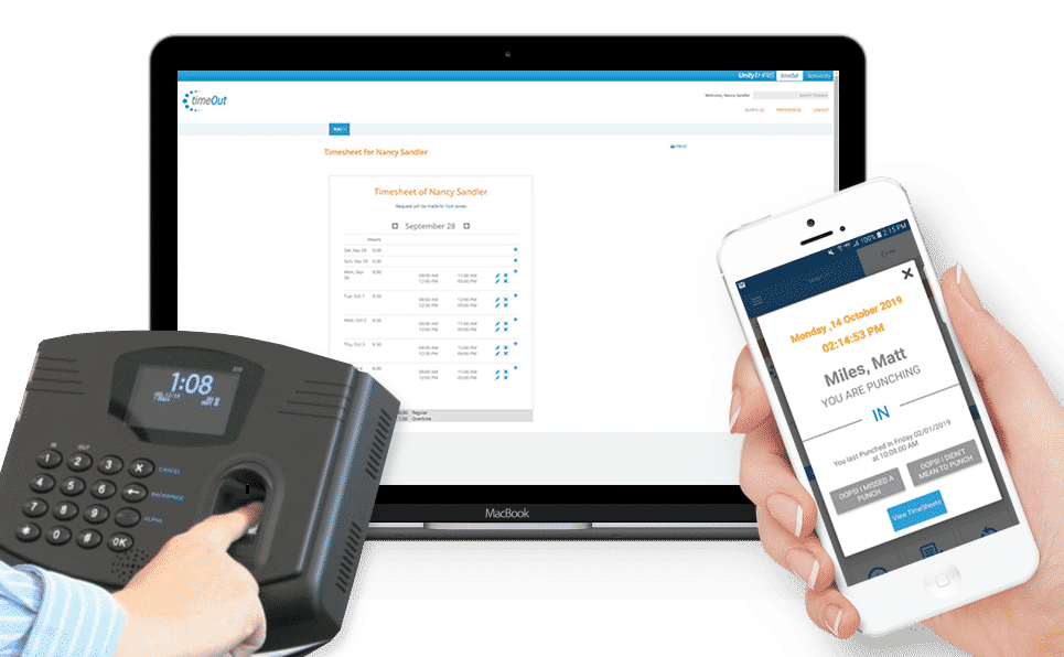 Punchclock, smartphone, and laptop demonstrate CWS Timesheet interface